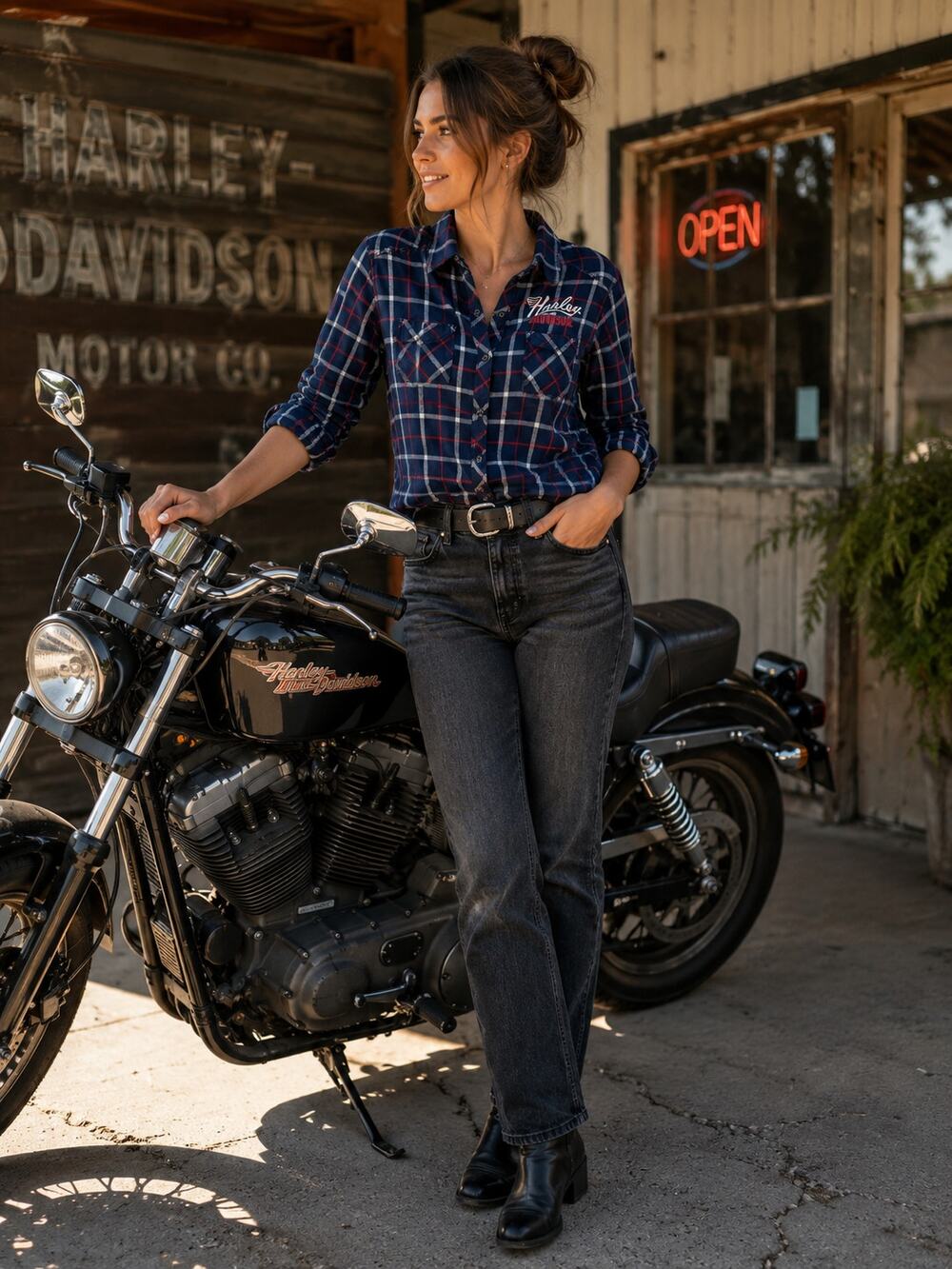 Harley-Davidson red blue and white plaid flannel women's shirt embroidery Size S